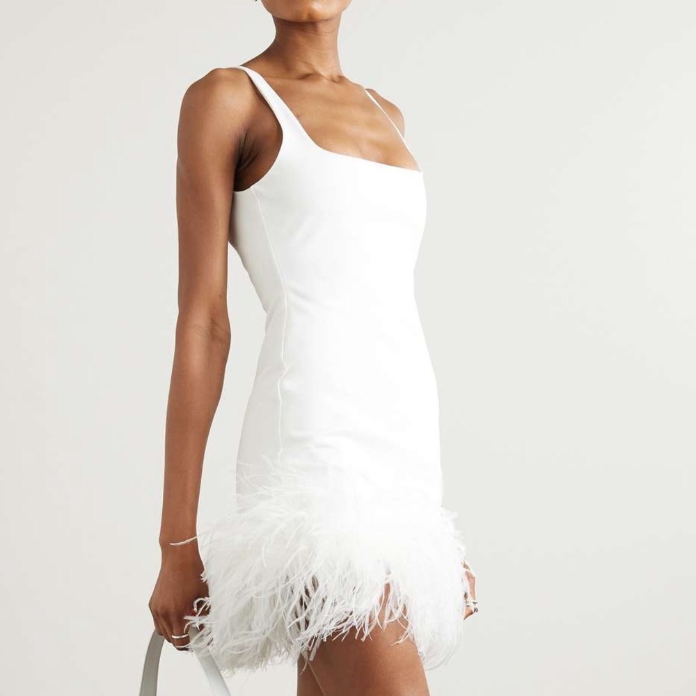 Cynthia Rowley Cream Square-Neck Mini Dress with Feather Hem - Picture 10 of 10